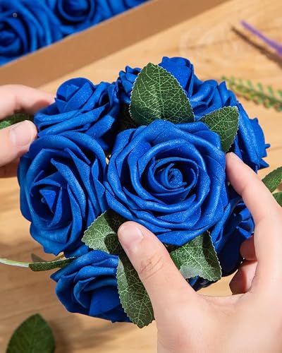 DuHouse 25Pcs Artificial Roses Flowers Fake Roses with Stems Real Touch Foam Flowers for DIY Wedding Bouquet Party Centerpiece Floral Arrangement Party Home Decor (Royal Blue-A) - color: Royal Blue-a, size: 25pcs