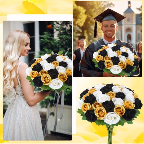 36 Pcs Velvet Texture Black, Gold, White Artificial Flowers Bridal Bouquet, Fake Rose Long Stem Realistic Flowers Bulk for Valentine's Day Wedding Bouquet Ball Arrangement Centerpiece Party - color: Black, Gold, White