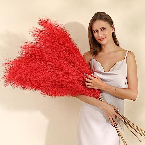 Wertuirk Red Pampas Grass Decor - 45-Inch Set of 8 | Artificial Large Pampas Grass Soft and Fluffy | Long Faux Flower | Perfect for Wedding Centerpieces, Farmhouse, Living Room Decor - color: Red