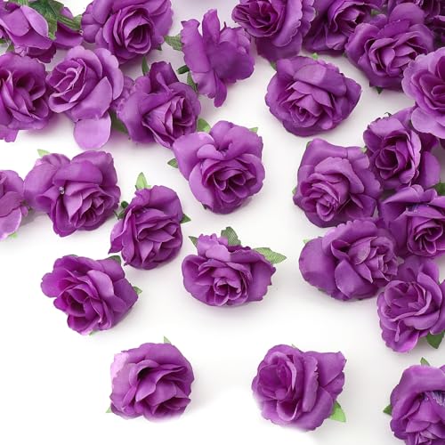 100 Pcs Mini Purple Roses Artificial Flowers Bulk, 1.9" Small Silk Fake Roses Flower Heads for Decoration, Wedding Centerpieces Bridal Shower Party Home Decor,DIY Crafts (Purple) - color: Purple