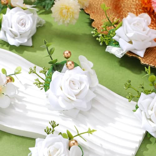 Sherr White Set of 12 Rose Wrist Corsages for Wedding Corsage Flower Wristlet Floral Wedding Wrist Bridal Rose Leaf Hand Flowers for Bride Bridesmaid Prom Engagement Festival - color: White