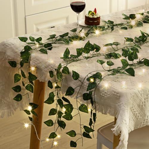 CEWOR 14 Pack 98ft Fake Ivy Vines, Artificial Ivy Garland with 100 LED String Lights, Hanging Plants Greenery Backdrop Green Leaves for Bedroom Room Wall Decor Wedding Party Table Decoration - size: E-14pcs of Vines with 100 LED lights