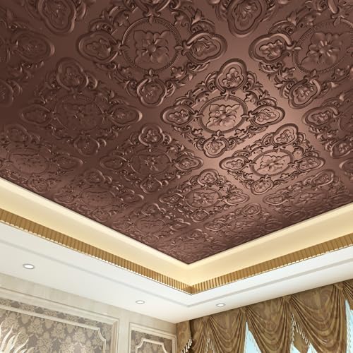 Art3dwallpanels 12 Pack Drop Ceiling Tiles, 24 x 24 Inch High Grade PVC 3D Wall Panels Vintage Flower Pattern for Interior Wall Decor, Fire Rated, Waterproof, Antique Copper - color: Antique Copper