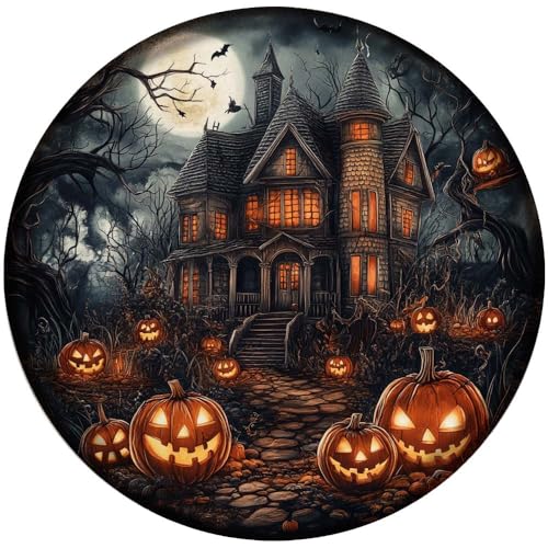 Halloween Metal Sign Halloween Horror Castle Vintage Round Tin Sign for Kitchen Garden Yard Bar Autumn Wreath Home Decor 8x8Inch