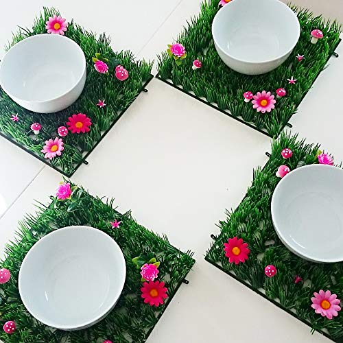 Artificial Grass Place Mat Set of 4 | Flower Table Mats for Tea Party, Garden Party, Kids Birthday, Fairy & Unicorn Decorations | 10x10 Inch Green Placemats