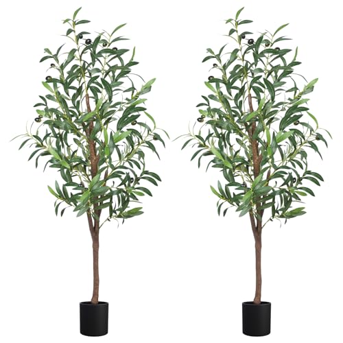 4FT Artificial Olive Tree, Faux Potted Olive Plant with Realistic Trunk, 436 Leaves & 16 Fruits,Fake Olive Tree for Home Office Indoor Outdoor Decor (Set of 2) - color: Green, size: 4ft