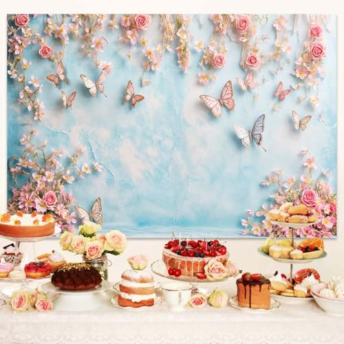 6x4ft Butterfly Floral Backdrop Birthday Colorful Flowers Photo Background for Girls Wedding Birthday Party Girls Princess Butterfly Theme Baby Shower Events Party Decorations Photo Booth Props - color: Pink, size: 6X4FT