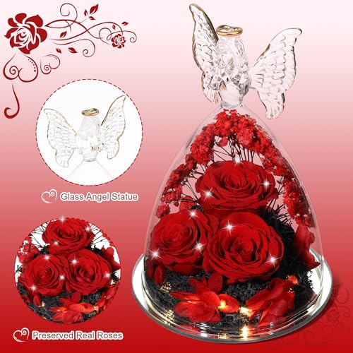 Mothers Day Rose Gifts for Women Preserved Real Flower in Glass Angel Figurines Roses for Delivery Prime Birthday Gifts for Mom Grandma Girlfriend Wife Her, Crystal Red - color: Crystal Red
