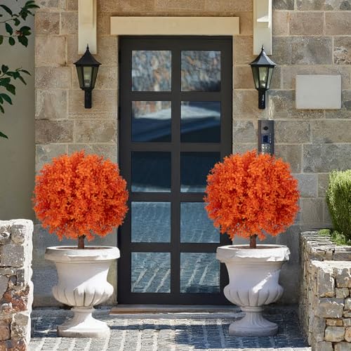 AOKIIE 24" Artificial Boxwood Topiary Bushes UV Resistant for Outdoor 2PCS | Artificial Shrubs with Ground Spike, Orange Faux Outdoor Plants for Indoor & Outdoor Garden, Yard, Porch, Patio - color: Orange