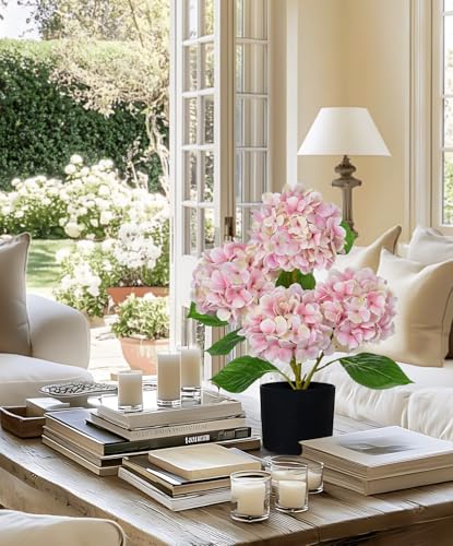 Hollyone Pink Hydrangea Artificial Flowers in Pots 19.7" Four-Head Faux Silk Hydranges Flower Arrangements for Indoor Home Office Kitchen Table Centerpieces Wedding Decorations - color: Pink, size: 4 Head Hydrangea