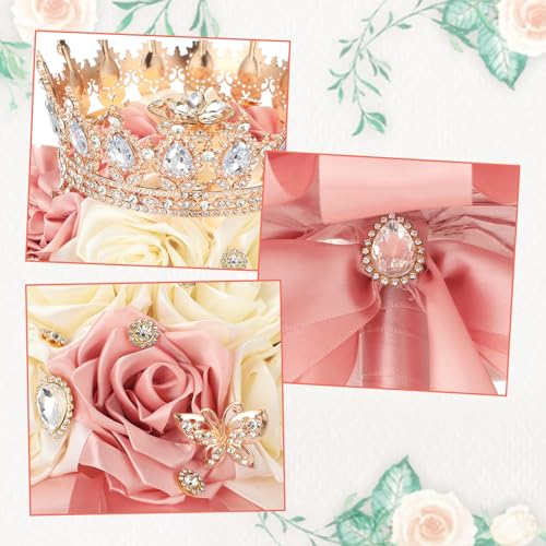 Suncalla 8.7" Ramo de Quinceañera Peach Pink & Cream Bridal Wedding Bouquet with Crown Satin Rose Bling Artificial Flower Bunch Inspiración Ramos para Quinceaños for Bride Wedding Quinceanera
