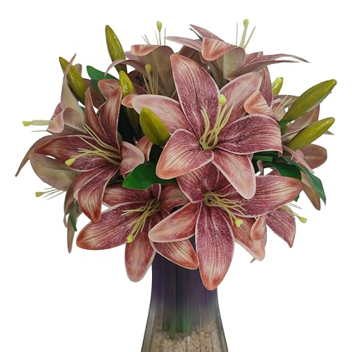 ATFL Artificial Lilies Flowers,9 Pcs Faux Lily Flowers,16''Tiger Lily Branches with 2 Full Blooms and 1 Bud,Faux Fake Lilies Plants for Wedding Bouquet Floral Arrangements (9, Brown) - color: Brown