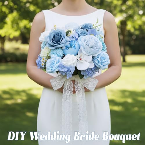 Blue Artificial Flowers Combo Box Set, Light Blue White Rose Fake Flowers Bulk, Mix Hydrangea Peonies Silk Flower for DIY Wedding Bouquets Bridal Shower Table Centerpieces Home Party Decor - color: Blue & White