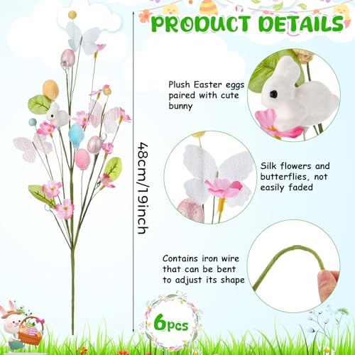 6 Pcs Artificial Easter Bunny Picks Stems Spring Berry Floral Tree Branches with Easter Egg Twig Branches Butterfly Decorative for Topiary Arrangement Centerpiece Celebration Home Vase Decor