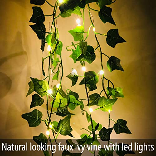 Fielegen Vine with Fairy Lights, 4 Pack 80LEDs Vine Lights Green Ivy Vines String Lights Battery Operated, Artifical Garland Leaf with Fairy Light for Bedroom Dorm Wall Decor - color: Ivy Leaf (4 Pack)