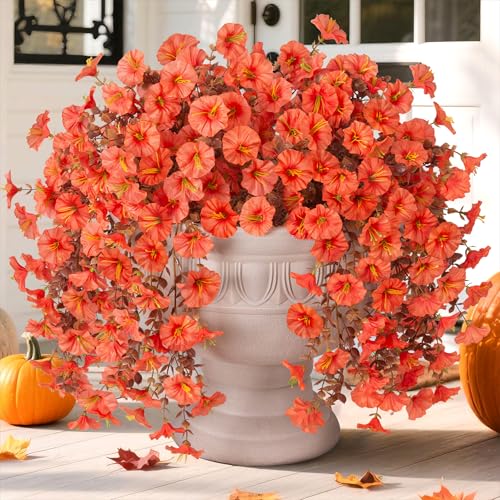 Ivydale 2 PCS Artificial Fall Hanging Flowers Fake Plants Outdoor,Silk Morning Glory Faux Flowers with Eucalyptus Leaves,UV Resistant Realistic Mums Plants for Home Garden Decor (Orange) - color: Orange(leaves Orange)