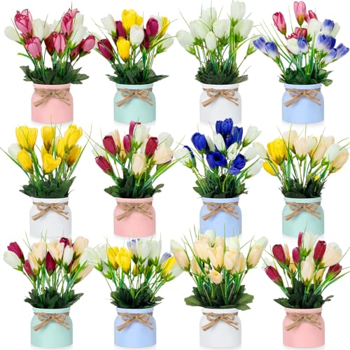 Suncalla Set of 12 Artificial Flower Tulip in Vase 8.66 Inches Floral Decor Spring Faux Tulip with Pots Fake Flower Centerpieces for Tables Home Bathroom Office Wedding Farmhouse Decoration - style: Tulip