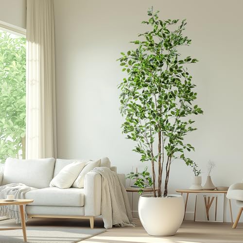 Bailikang Artificial Ficus Tree Indoor 8ft, Large Potted Faux Tree with Realistic Silk Leaves & Trunk for Home Office, Living Room Corner Decor - color: White Green, size: 8ft