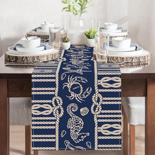 Navy Blue Nautical Dining Table Runner, Coastal Beach Ropes Starfish Crab Seahorse Conch Shell Burlap Kitchen Decoration, Ocean Marine Life Indoor Outdoor Home Decor Party Supply 13 x 36 Inches - color: Navy Blue Nautical, size: Table Runner 13''X36''