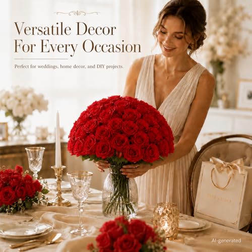 50 PCS Red Roses Artificial Flowers, Fake Red Rose Bouquet, Artificial Silk Red Roses with Stems for DIY Wedding Flowers Decoration, Valentines Day Mothers Day, Bridal Bouquet Roses - color: Red, size: 50 Pcs