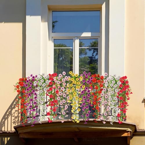 AGIRL 6 Bundles Artificial Hanging Flowers for Outdoor Spring Summer Decor,UV Resistant Faux Silk Flowers,Fake Plants with Realistic Look for Outside Indoor Planter Garden,Patio,Balcony,Porch and Yard - color: Red+yellow+fuchsia+purple+pink+white