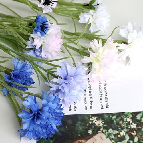 4Pcs 27.56" Blue Artificial Cornflower Stems Chrysanthemum Centaurea Cyanus Wildflowers Silk Cornflower Bunches Fake Flowers Bulk Faux Bachelor's Button for Vase Bouquet Wedding Home Party Decor - color: Blue