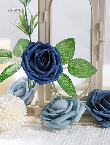 25pcs Artificial Flower，Real Looking Foam Roses w/Stem for DIY Wedding Bouquets Centerpieces Bridal Shower Party Decor-Shades of Navy Blue - color: Shades of Navy Blue