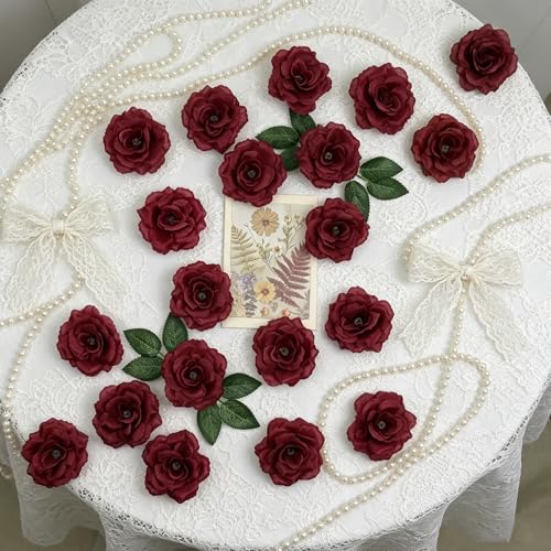 50 Pcs Rose Flower Head, Artificial Flowers Bulk for DIY Crafts, 3in Fake Rose Silk Flower Head wit Stem, Faux Flowers for Decoration, Wedding Home Party Decor Garland Decor (50, Wine Red) - color: Wine Red