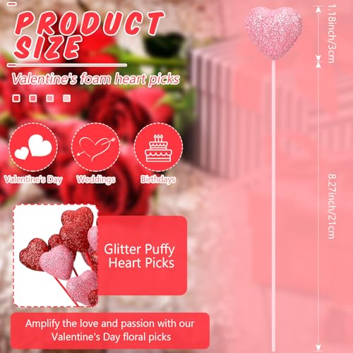 6 Pcs Valentine's Day Glitter Foam Hearts Sticks Foam Heart Picks Sparkly Hearts Stems Puffy Heart Wooden Picks for Valentine Wedding Decorations Flower Arrangements Crafts (Red,Pink) - color: Red,Pink, size: 6 Pcs