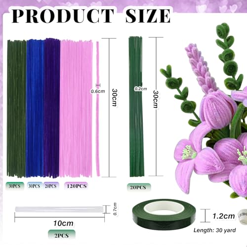 TOAOB 200pcs Pipe Cleaners Craft Supplies DIY Cornflower Bouquets Making Purple Thick Chenille Stems Artificial Flowers Craft Supplies for DIY Art Home Decorations Pink Blue Purple Moss Green - color: Pink/Blue/Purple/Moss green