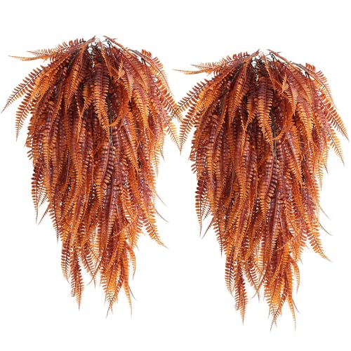 RECUTMS Fake Hanging Plants 4 Pcs Artificial Boston Ferns for Outdoors UV Resistant Draping Faux Greenery Plastic Decorative Vines for Bedroom Wall Garden Wedding Indoor(Brown) - color: Brown