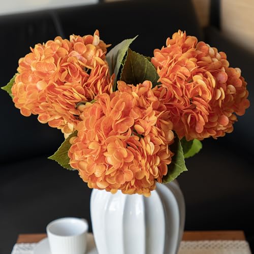 DUYONE 22" Real Soft Touch Hydrangea Artificial Flowers Realistic,Large Long Stem Fake Flowers Full Latex Faux,Wedding Bouquet,Party Home Decor,Garden Office Room Table Centerpieces Orange 3Pcs - color: Orange, size: 3Pcs
