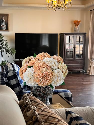 ZYTUYO 5 Pcs Peach Orange Silk Hydrangeas Artificial Flower Boho Dried Touch 20'' Faux Hydrangeas for Indoor Home Decor Kitchen Living Room Outdoor Porch Wedding Flower Arrangement - color: Peach Orange