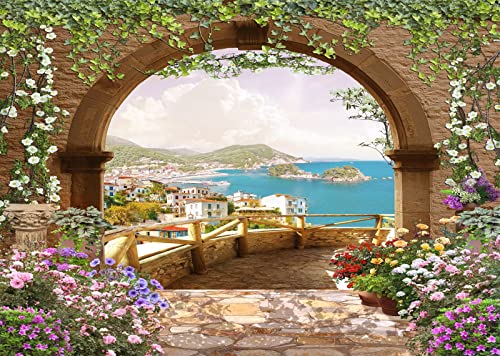 BELECO 9x6ft Fabric Mediterranean Garden Terrace Backdrop Romantic Arch Gate with Green Leaves Vine Blooming Flowers Italian Coast Background Birthday Wedding Party Shoot Studio Photo Props - size: 9x6FT