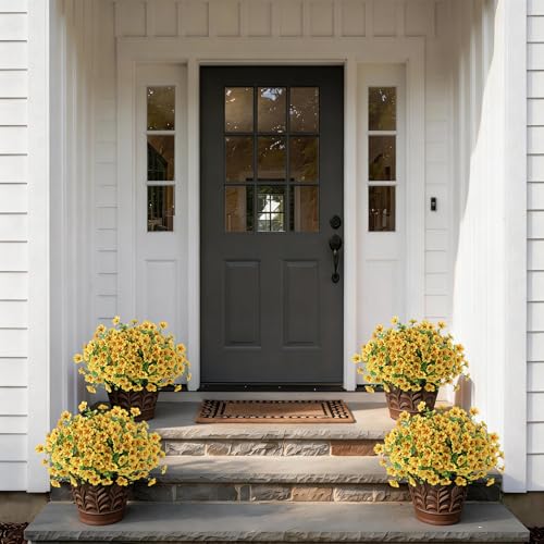 2 Set of Artificial Morning Glory & Eucalyptus Topiary Trees - Faux Silk Flower Potted Plants, UV-Resistant Fake Outdoor Morning Glory Bushes for Front Door, Yard, Farmhouse, Garden Decor (Yellow) - color: Yellow