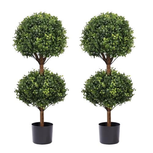 THE BLOOM TIMES 40" Artificial Boxwood Double Ball Topiary Trees, UV Resistant Large Tall Fake Potted Plants for Outdoor Planter, Realistic Faux Bushes Shrubs for Front Porch Outside Decor Set of 2 - color: Boxwood-dark Green, size: 40 inch