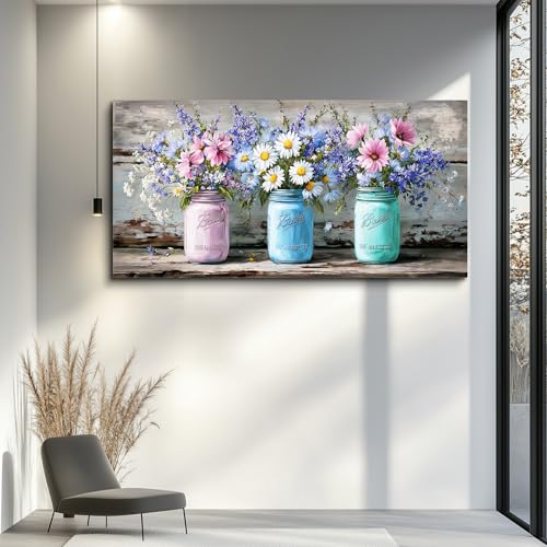ZUITINGHUA Canvas Wall Art For Living Room Large Wall Decor For Office Bedroom Decoration Vintage Landscape Picture Mason Jar Floral Painting Artwork Room Wall Mural Aesthetic Home Decor 30x60 In - color: Vintage Mason Jar Floral, size: 60"L x 30"W