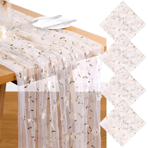 4 Pack Embroidery Floral Table Runner Rustic Spring Summer Wildflower Tulle Table Runner Vintage Flower Tabletop Runners for Home Kitchen Wedding Party Decoration, 108x24.5 Inch (Apricot Flowers) - color: Apricot Flowers-4, size: 108*24.5 inch