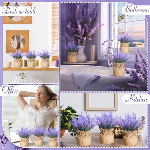 6 Pack Fake Lavender Plant Small Artificial Lavender Flowers Decor Burlap Bag Rustic Plant Potted for Kitchen Farmhouse Home Bedroom Wedding Table Country Indoor Decor