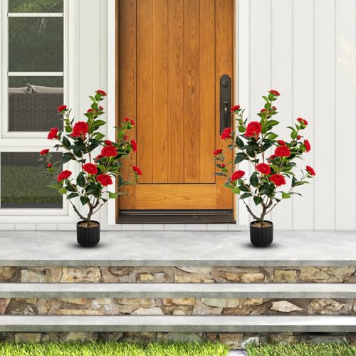 Goplus 38’’ Artificial Camellia Tree, 2 Pack Flower Plants Artificial Tree, Faux Floral Plant Blooming Tree in Cement Pot, Greenery Potted Plant for Indoor Outdoor Office Home Porch Decor - color: Red, size: 38 inch×2