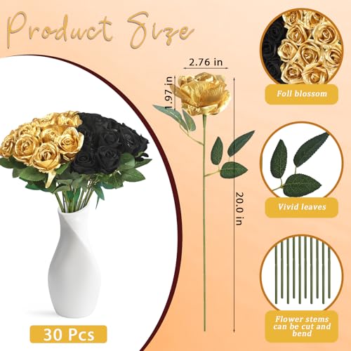 30pcs Fake Roses Artificial Silk Flowers Long Stems Bouquet for Wedding Bridal Shower Party Home Decoration (Black + Gold) - color: Black + Gold