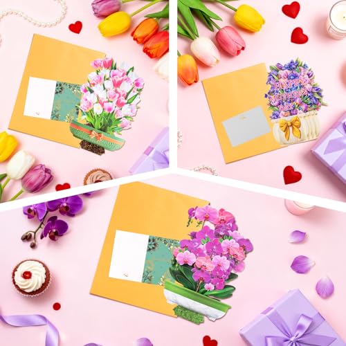 3D Pop Up Flower Bouquet Cards Set of 3 - Orchid Tulip Mothers Day Floral Collection - Birthday Anniversary Thank You for Mom Wife Grandma - Freestanding No Water Everlasting with Gold Envelopes - style: Orchid Tulip Mother's Day
