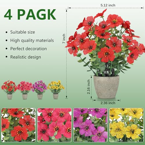 4 Pack Small Fake Plants Potted Artificial Plants Artificial Flowers Potted Faux Flower Daisy with Eucalyptus Leaves for Home Decor Office Room Farmhouse Indoor Table Bathroom Decor （Mixed） - color: 4 Mixed Colors