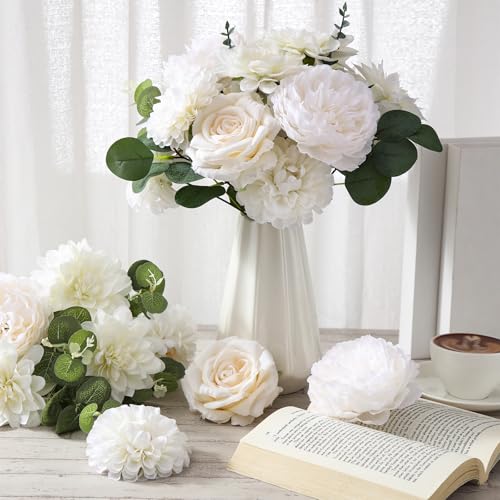 Suncalla 98 Pcs Artificial Flowers Bouquet Assorted Faux Flowers Heads with Stem Eucalyptus Leaves Silk Floral Table Centerpiece for DIY Wedding Party Wreath Home Decor(White Color) - color: White Color