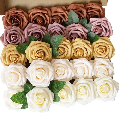 25pcs Artificial Flower Purple Foam Rose Real Touch Roses Flower Heads with Stem for DIY Wedding Bouquets Centerpieces Arrangements Party Baby Shower Home Decor (Shades Sunshine Yellow) - color: Shades Sunshine Yellow