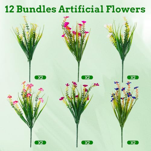 12 Bundles Artificial Outdoor Flowers Fake Silk Plants Spring Decoration Indoor Outside Hanging Plants UV Resistant Faux Flowers for Outdoor Planters Porch Window Box Garden