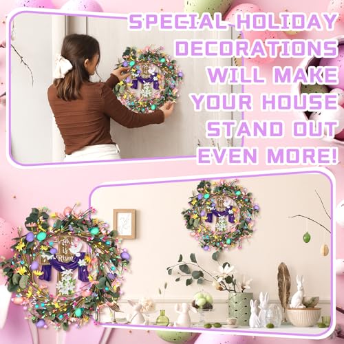 20 Inch Easter Wreaths with Cross Artificial Easter Eggs and Flowers Wreath for Front Door Spring Door Hanging Decorations for Home Party Holiday Celebrations Window Wall Decor - color: Easter-3