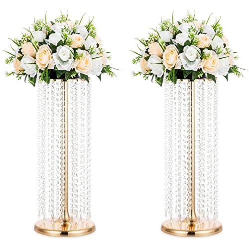 Nuptio 2 Pcs 23.6inch Tall Gold Crystal Wedding Centerpieces Flower Vases for Party Tables Decorations - color: Gold, size: 2 Pcs 23.6 inch