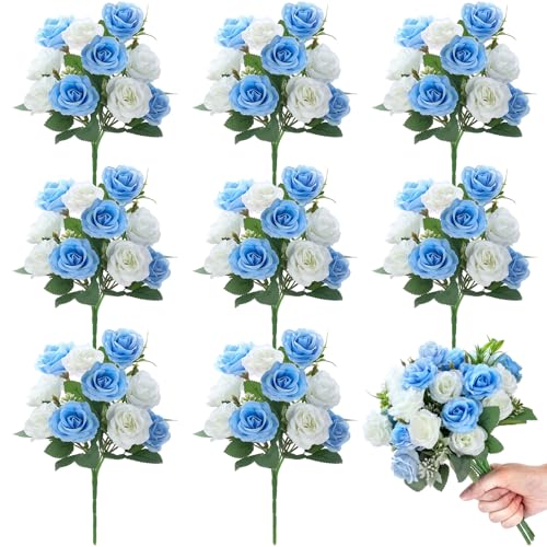 Zeyune 8 Pack Artificial Mini Blue and White Roses, 12 Inch Fake Flowers with Stems, 80 Small 1.6 Inch Flower Heads, Silk Mini Rose Bouquets for Wedding Centerpieces, Bridal Bouquets, Home Party Decor - color: Blue and White
