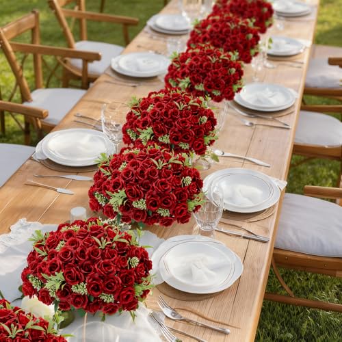 8 Pack Rose Artificial Flowers Bouquet, 10 Small Silk Rose Heads Per Pack, Fake Roses Bunches for Wedding Table Centerpieces Bridal Bouquet Mother's Day Valentine's Day Home Decor, Red - color: Red